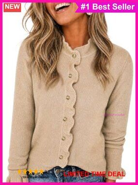 Ruffle Trim Button Down Mock Neck Knit Cardigan Sweater Long Sleeve